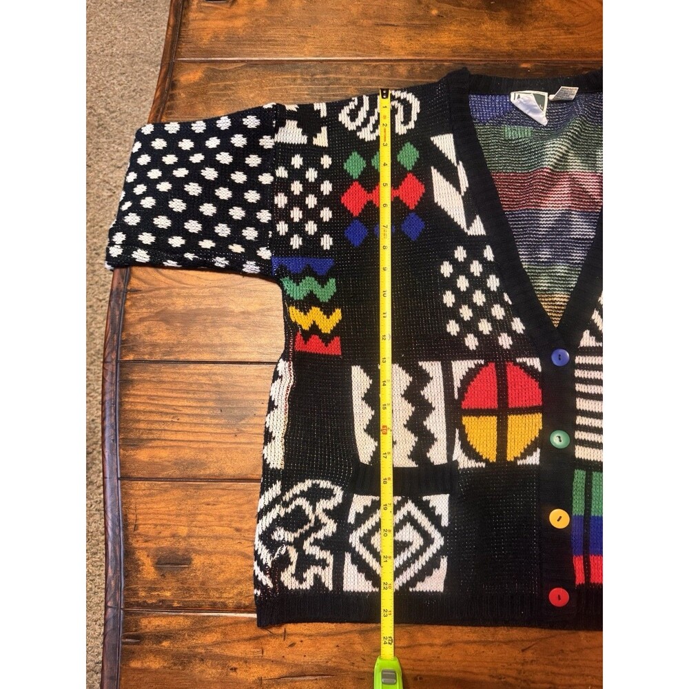 Vintage 90s Geometric Patchwork Cardigan Oversized Art Sweater Colorful Button - Picture 8 of 9